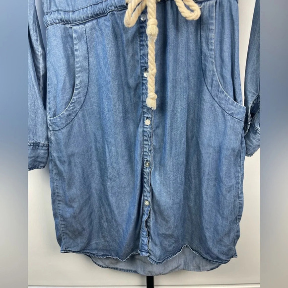 Lovestitch Blue Chambray Button Up Collared Long Sleeve Tencel Mini Shirt Dress - Picture 9 of 13